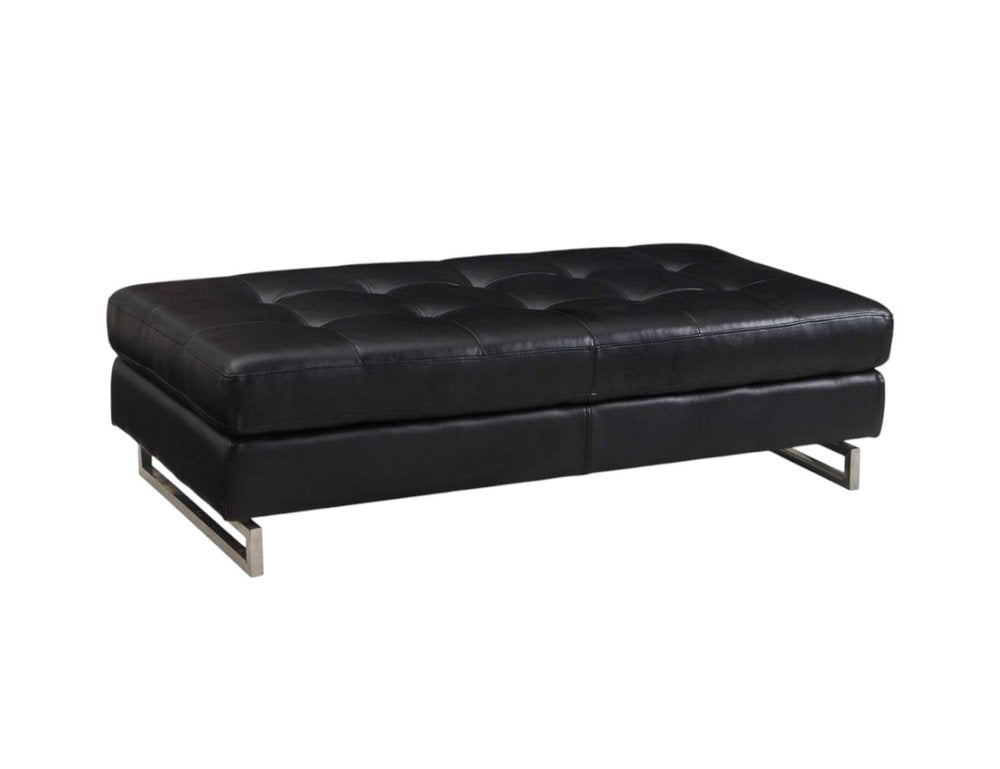 63" Black Tufted Faux Leather and Silver Ottoman. Ottoman isolated on a plain white background, finished in silver faux leather.