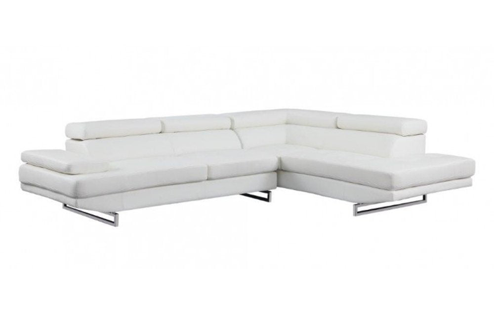 White leather L-shaped sectional sofa with chrome legs on a white background.