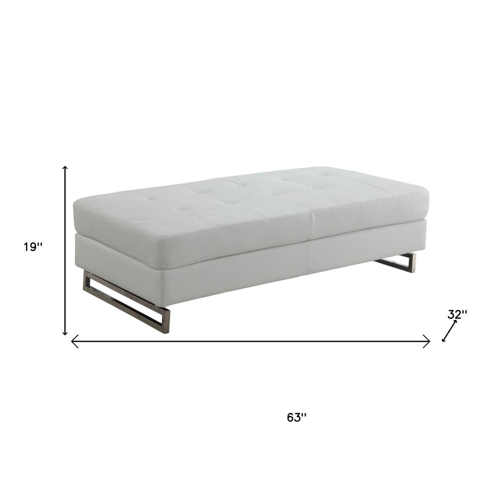 63" White and Silver Faux Leather Ottoman. Ottoman isolated on a plain white background, finished in silver faux leather.