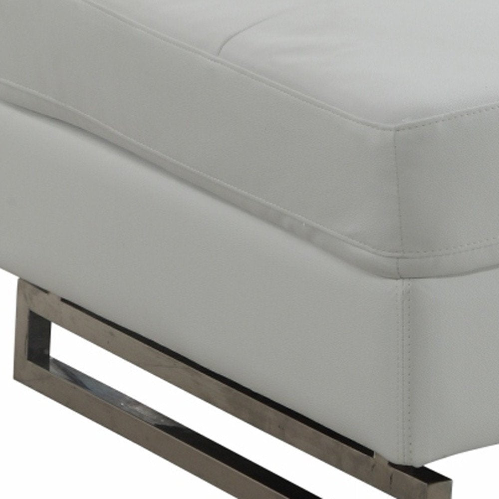 63" White and Silver Faux Leather Ottoman detail shot of the silver faux leather finish.