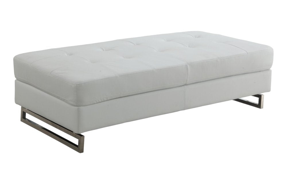 63" White and Silver Faux Leather Ottoman. Ottoman isolated on a plain white background, in a silver faux leather finish.