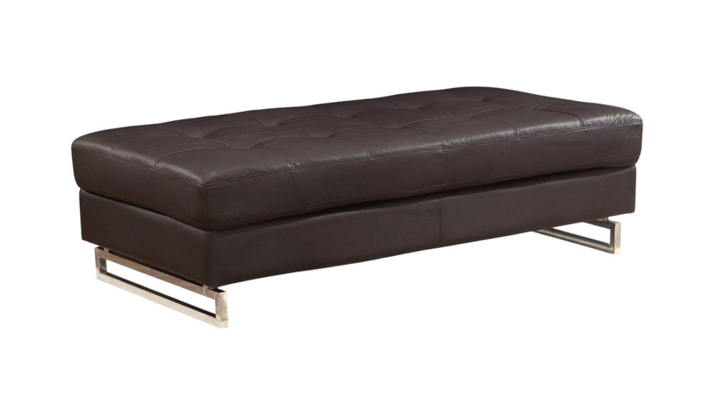 63" Brown and Silver Faux Leather Tufted Ottoman. Ottoman isolated on a plain white background, showing a silver faux leather surface.