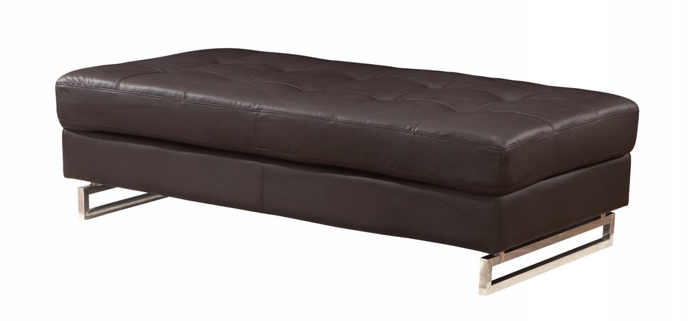 Brown faux leather tufted ottoman with silver metal legs on a white background.