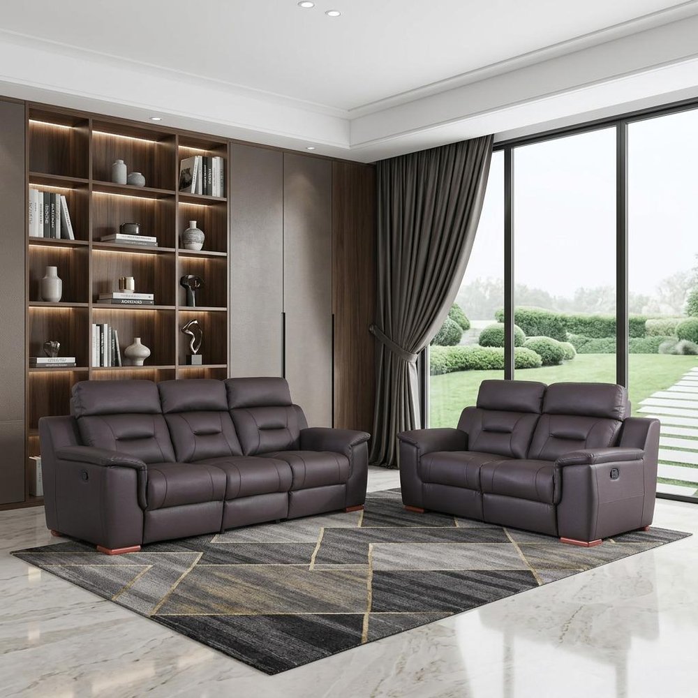 Two Piece Indoor Brown Genuine Leather Five Person Seating Set on a white background