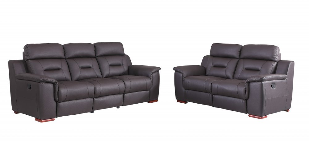 Brown leather five-person seating set with a three-seater sofa and a two-seater sofa on a white background.