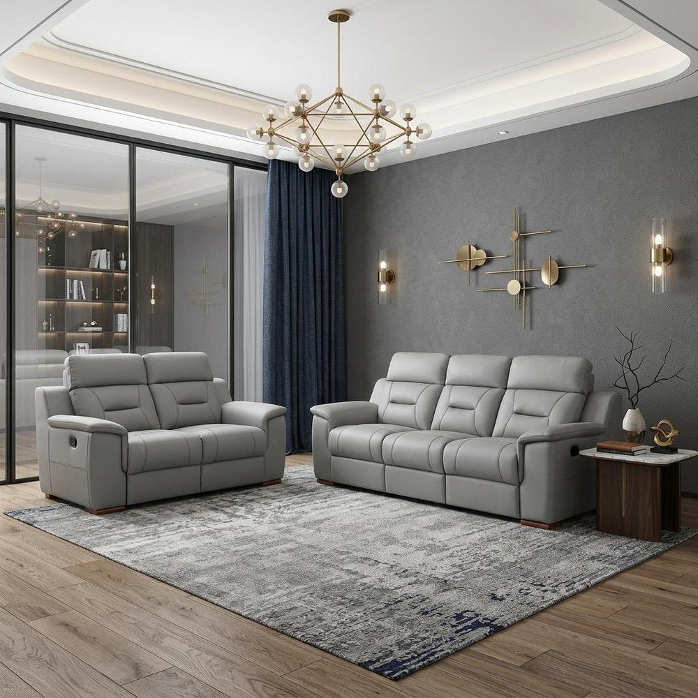 Two Piece Indoor Gray Genuine Leather Five Person Seating Set - 82" H x 157" W x 82" D in a home interior