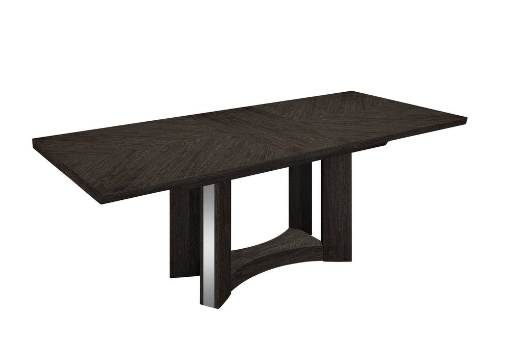 Rectangular dark gray solid wood dining table with a herringbone pattern top and a modern pedestal base on a white background.