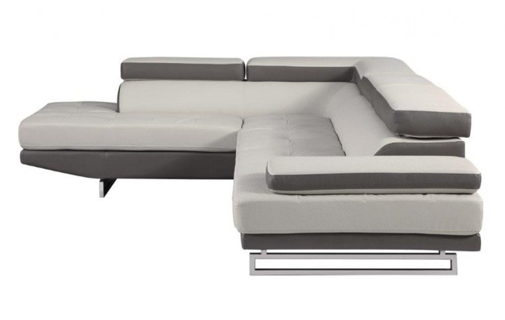 White and gray leather L-shaped sectional sofa with tufted seats and metal legs on a white background.