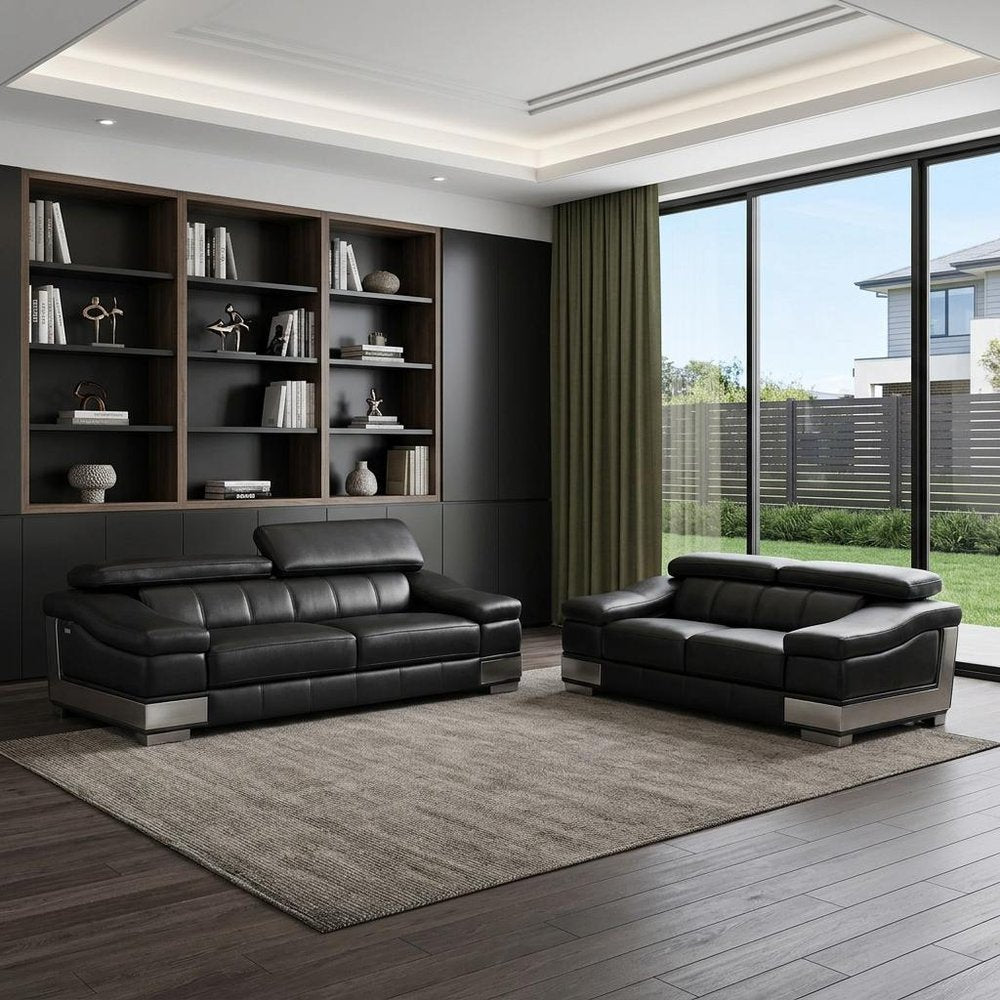 Two Piece Indoor Black Italian Leather Five Person Seating Set