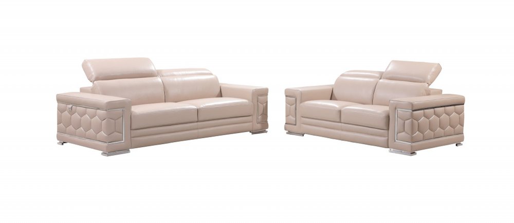 Two Piece Indoor Beige Italian Leather Five Person Seating Set on a white background
