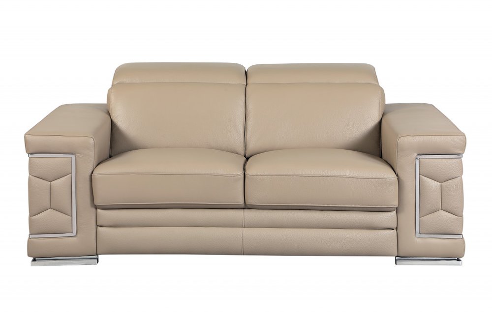 Two Piece Indoor Beige Italian Leather Five Person Seating Set on a white background