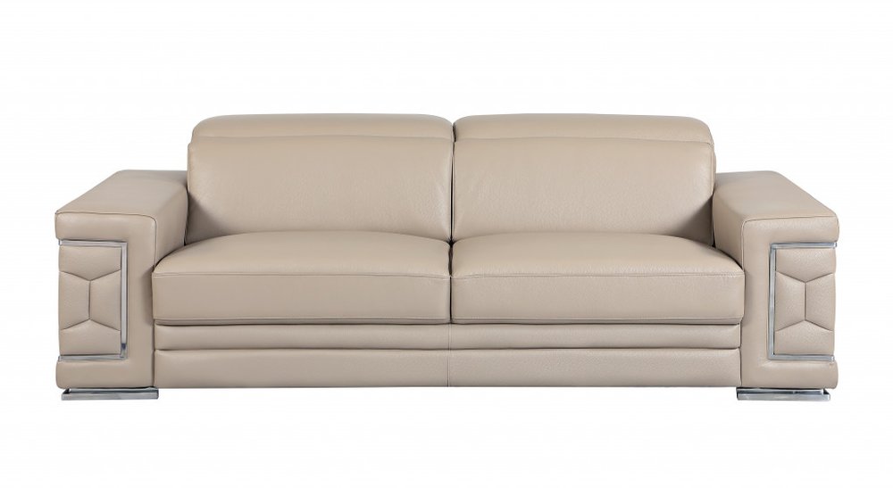 Two Piece Indoor Beige Italian Leather Five Person Seating Set on a white background