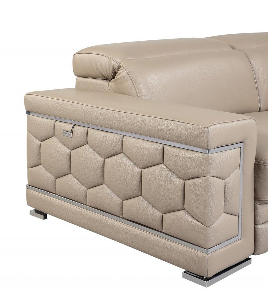 Two Piece Indoor Beige Italian Leather Five Person Seating Set on a white background