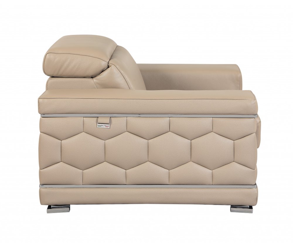 Two Piece Indoor Beige Italian Leather Five Person Seating Set on a white background