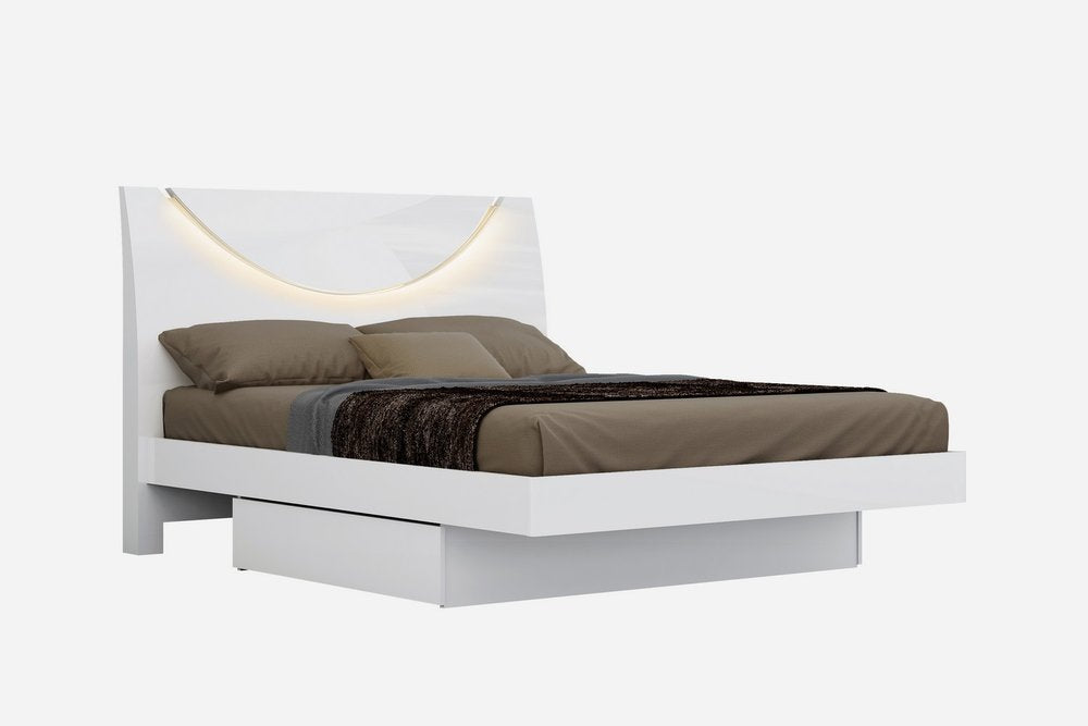 White solid wood king bed frame with a curved illuminated headboard and storage drawer, shown against a plain background.