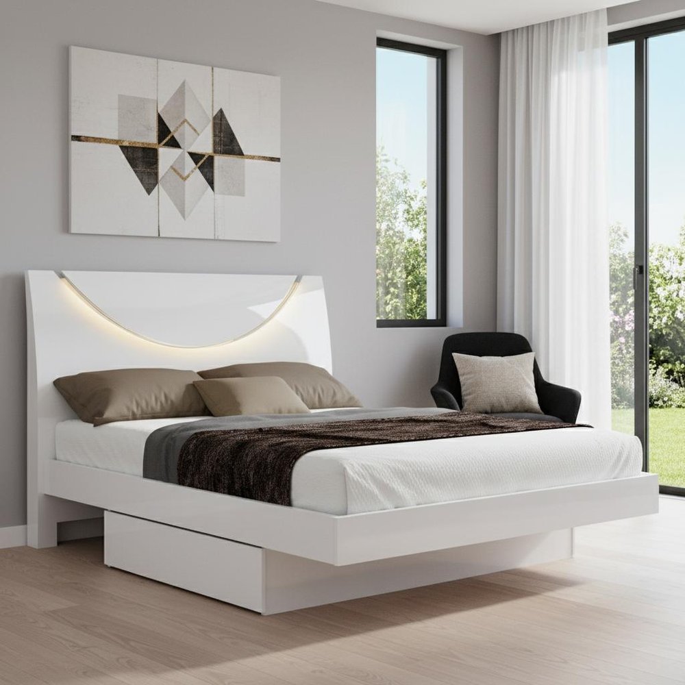 White Solid Wood King Bed Frame - 43" H x 72" W x 85" D in a home interior