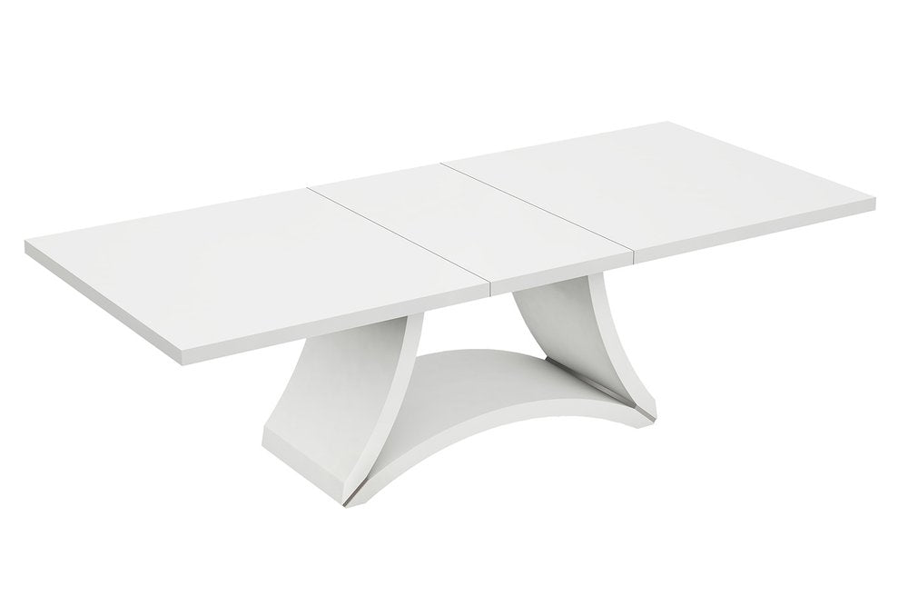 White solid manufactured wood dining table with a modern design, shown against a white background.