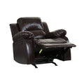 Brown leather recliner chair with extended footrest on a white background.