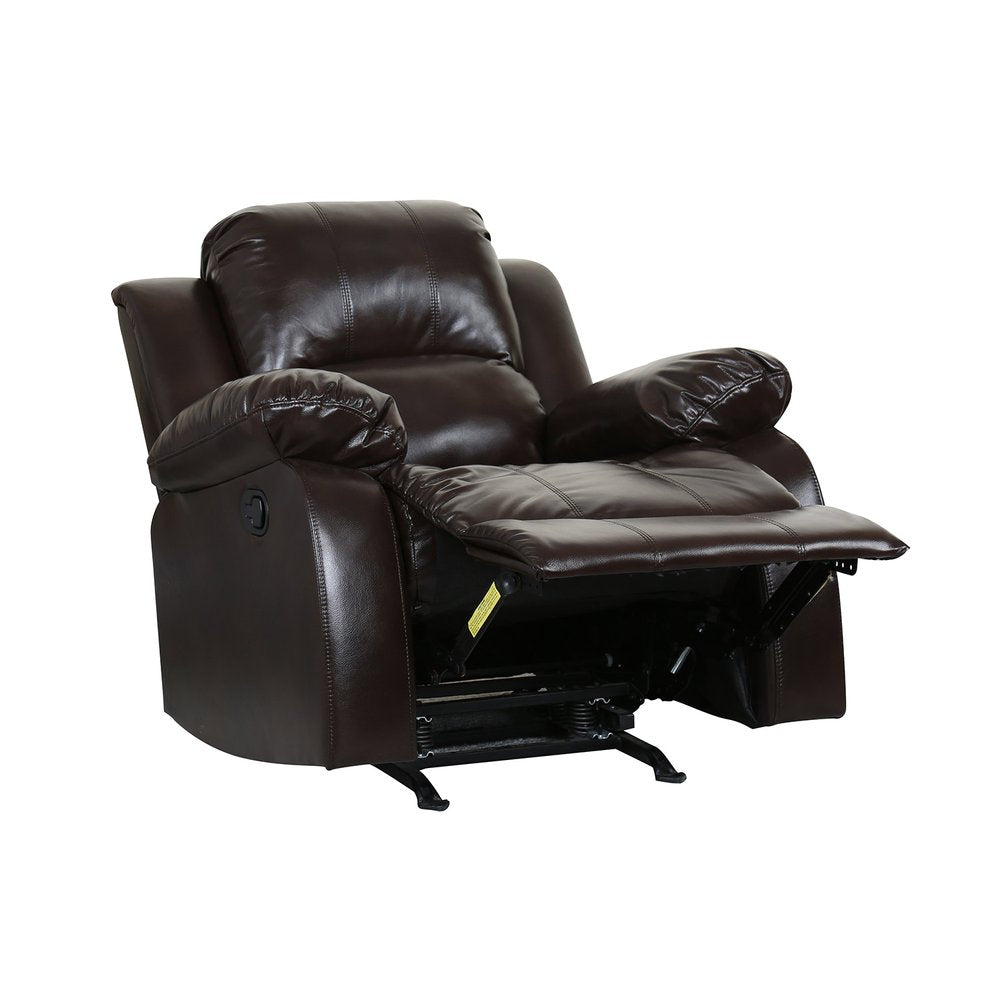 Brown leather recliner chair with extended footrest on a white background.