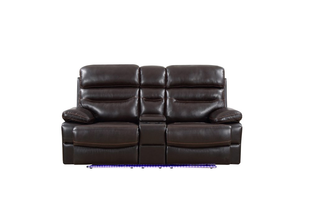 78" Brown Faux Leather Power Reclining Love Seat With Storage on a white background