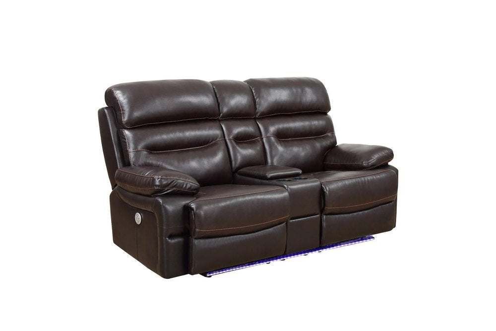 78" Brown Faux Leather Power Reclining Love Seat With Storage on a white background
