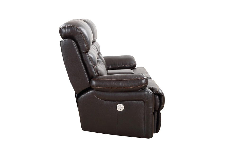 78" Brown Faux Leather Power Reclining Love Seat With Storage on a white background