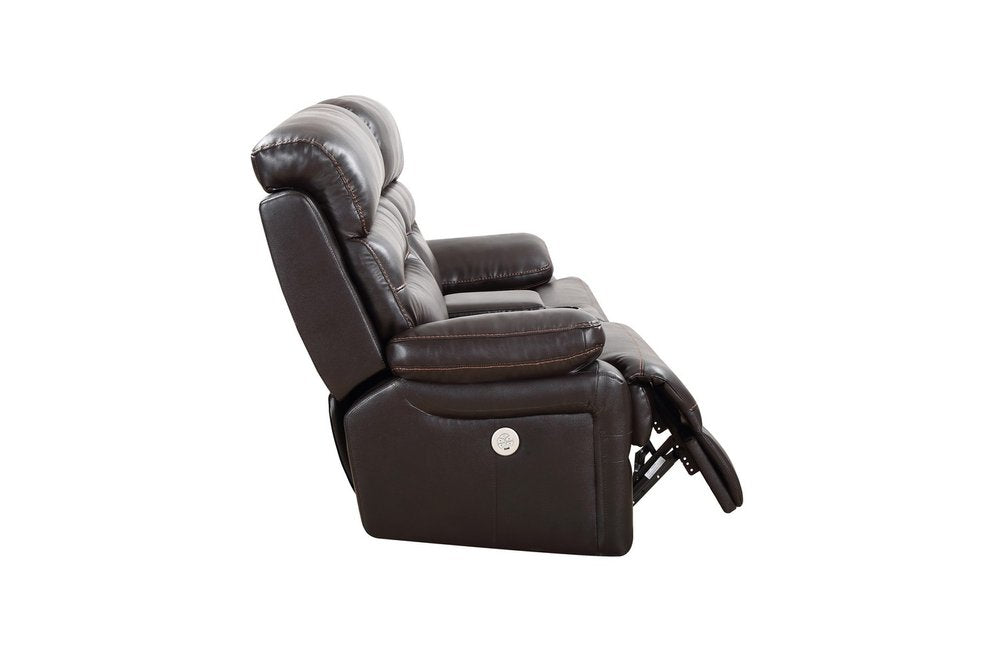 78" Brown Faux Leather Power Reclining Love Seat With Storage on a white background
