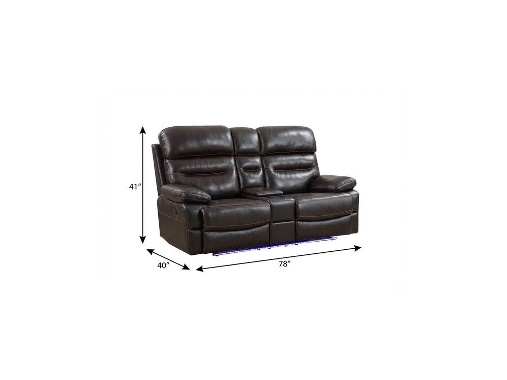 78" Brown Faux Leather Power Reclining Love Seat With Storage on a white background