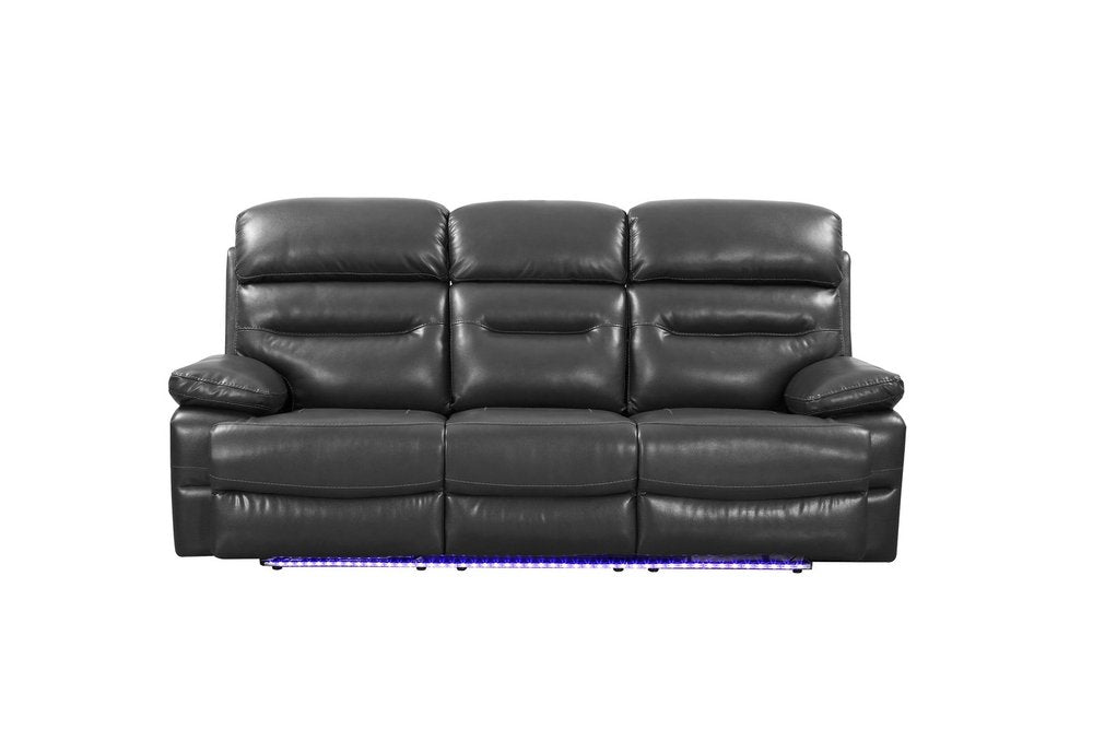 43" Grey Faux Leather Power Recliner Chair. Recliner isolated on a plain white background, finished in gray faux leather.