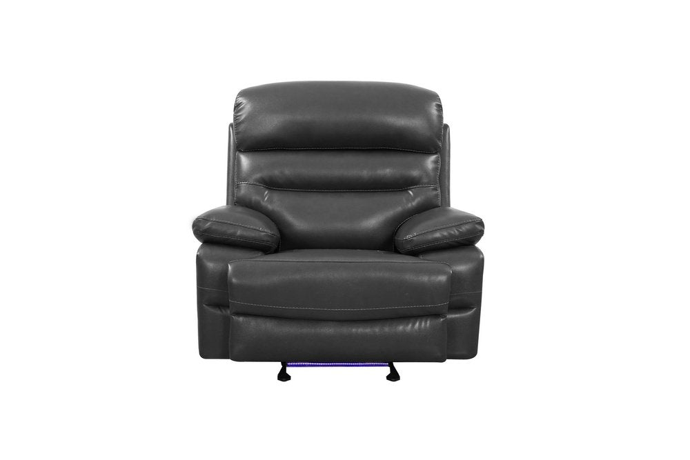 Grey faux leather power recliner chair with LED lighting on a white background.