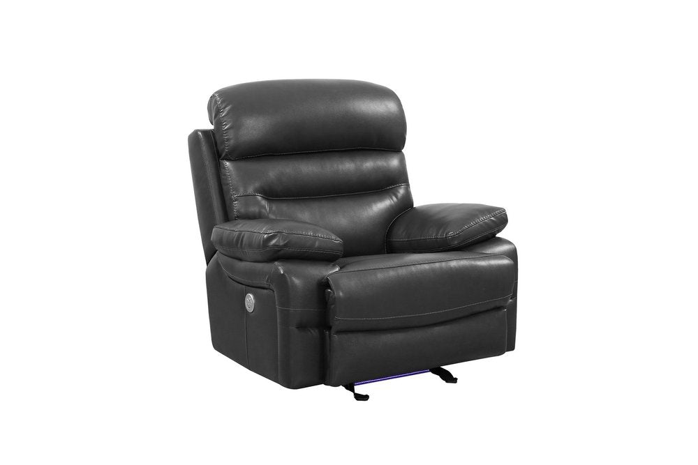 43" Grey Faux Leather Power Recliner Chair. Recliner isolated on a plain white background, in a gray faux leather finish.