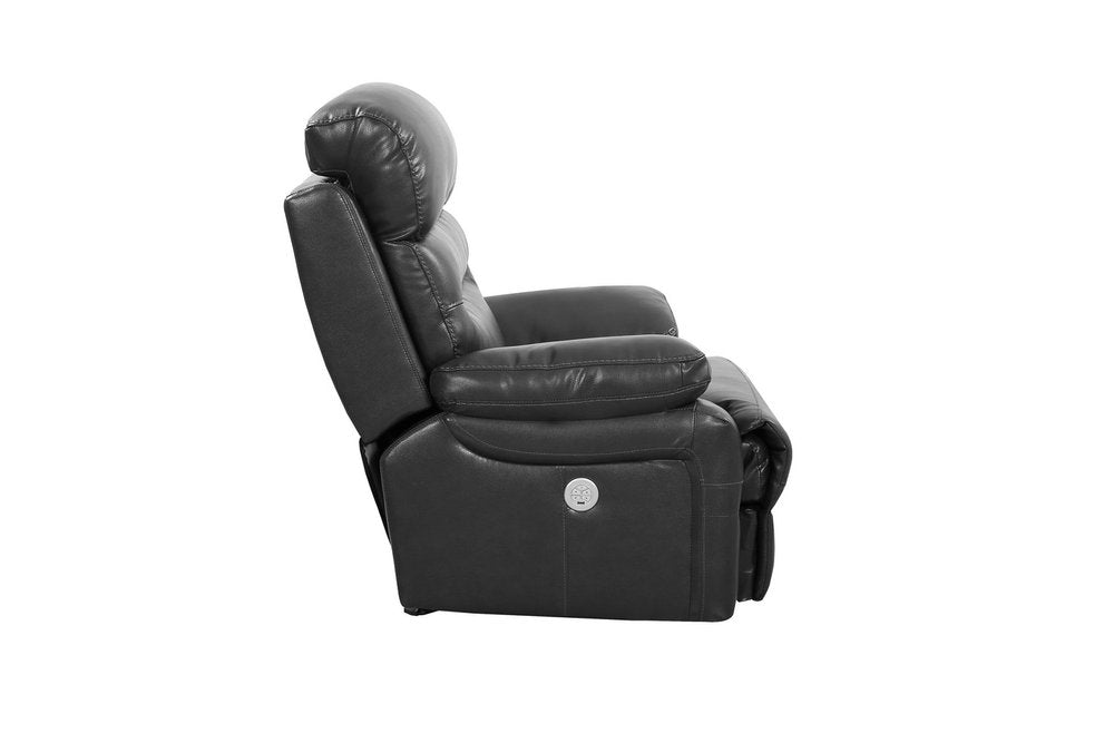 43" Grey Faux Leather Power Recliner Chair. Recliner isolated on a plain white background, finished in gray faux leather.
