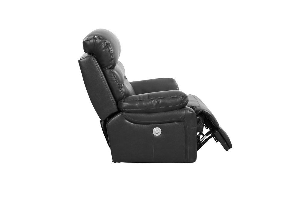 43" Grey Faux Leather Power Recliner Chair. Recliner isolated on a plain white background, in a gray faux leather finish.