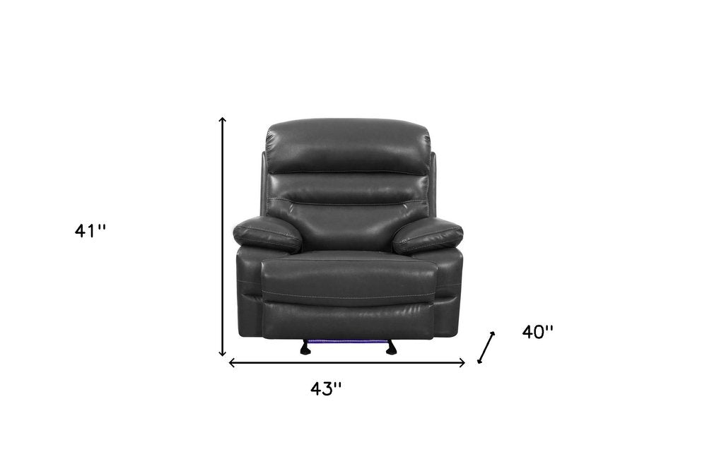 43" Grey Faux Leather Power Recliner Chair. Recliner isolated on a plain white background, finished in gray faux leather.