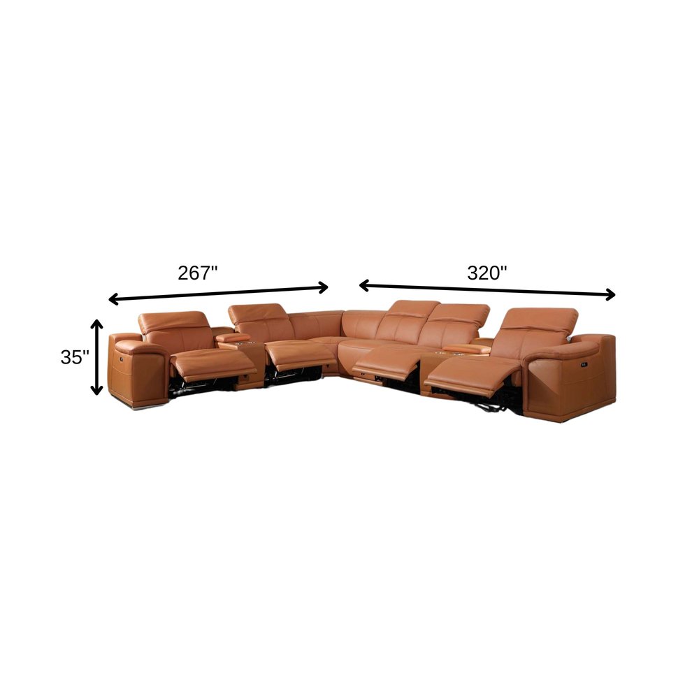 Camel Italian Leather Power Reclining U Shaped Eight Piece Corner Sectional With Console on a white background