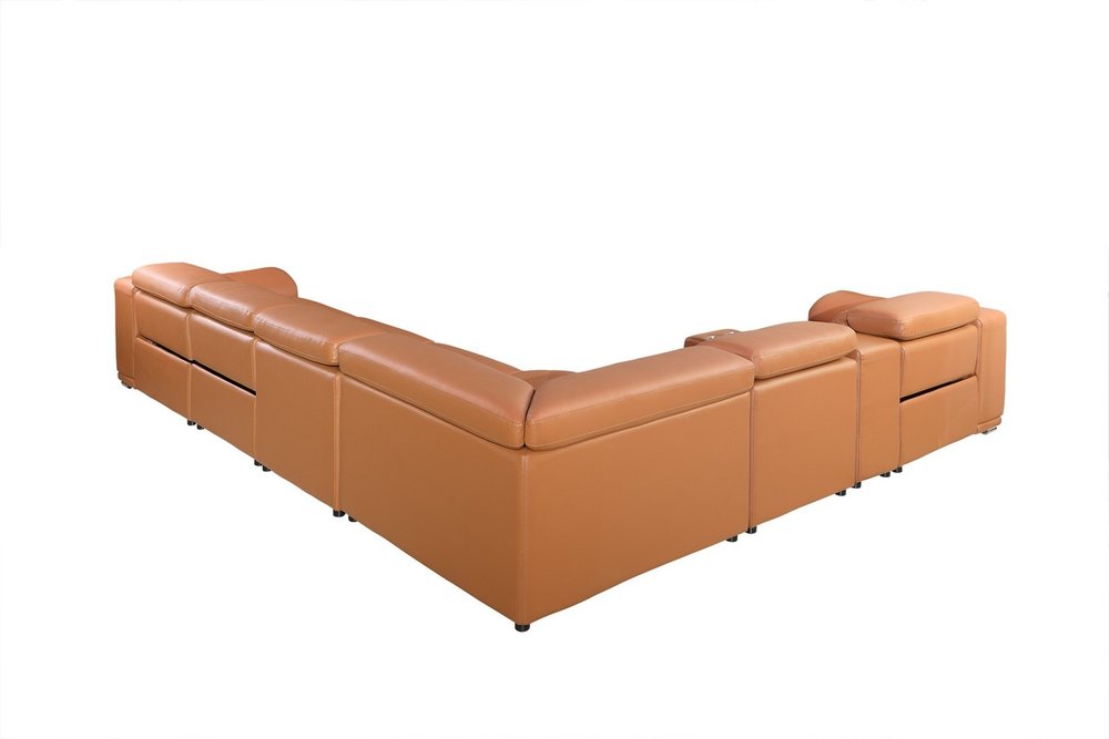 Camel Italian Leather Power Reclining U Shaped Eight Piece Corner Sectional With Console on a white background