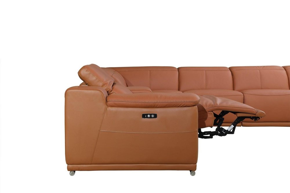 Camel Italian Leather Power Reclining U Shaped Eight Piece Corner Sectional With Console on a white background