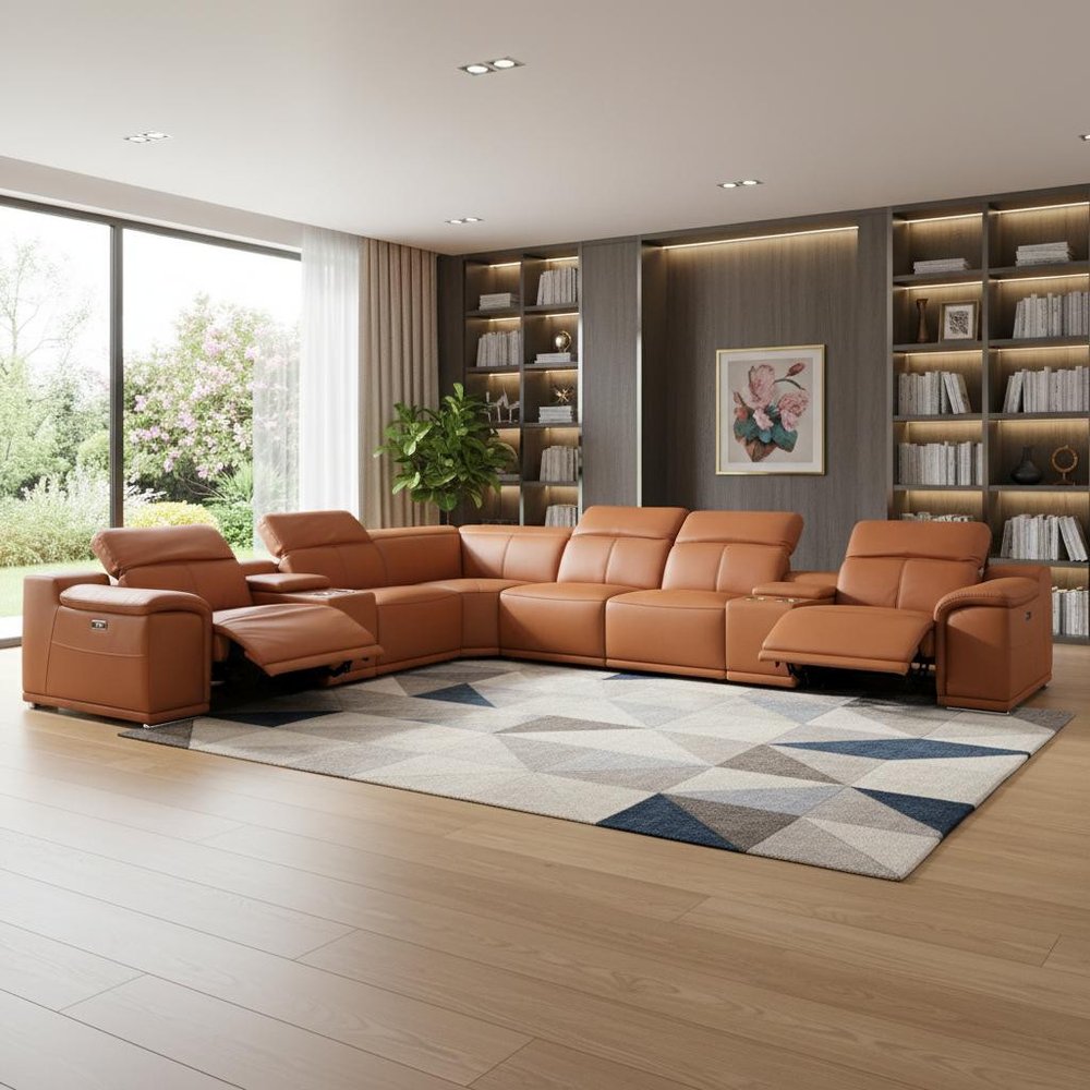 Camel Italian Leather Power Reclining U Shaped Eight Piece Corner Sectional With Console in a home interior
