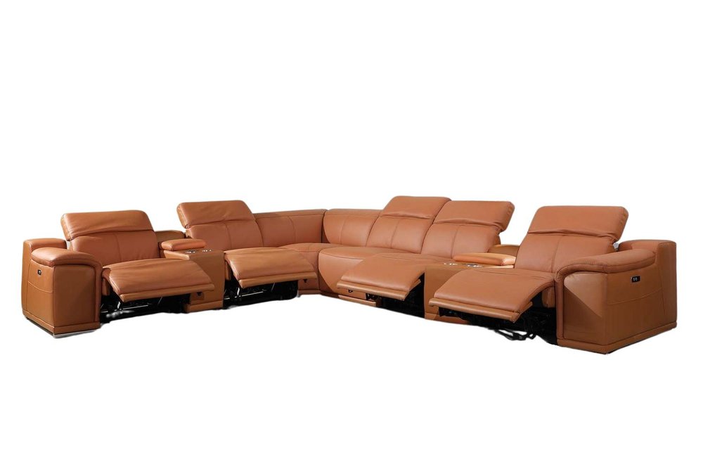 Camel Italian Leather Power Reclining U Shaped Eight Piece Corner Sectional With Console on a white background