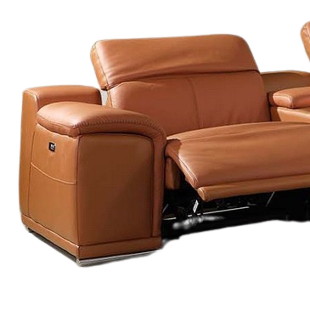 Camel Italian Leather Power Reclining U Shaped Eight Piece Corner Sectional With Console on a white background