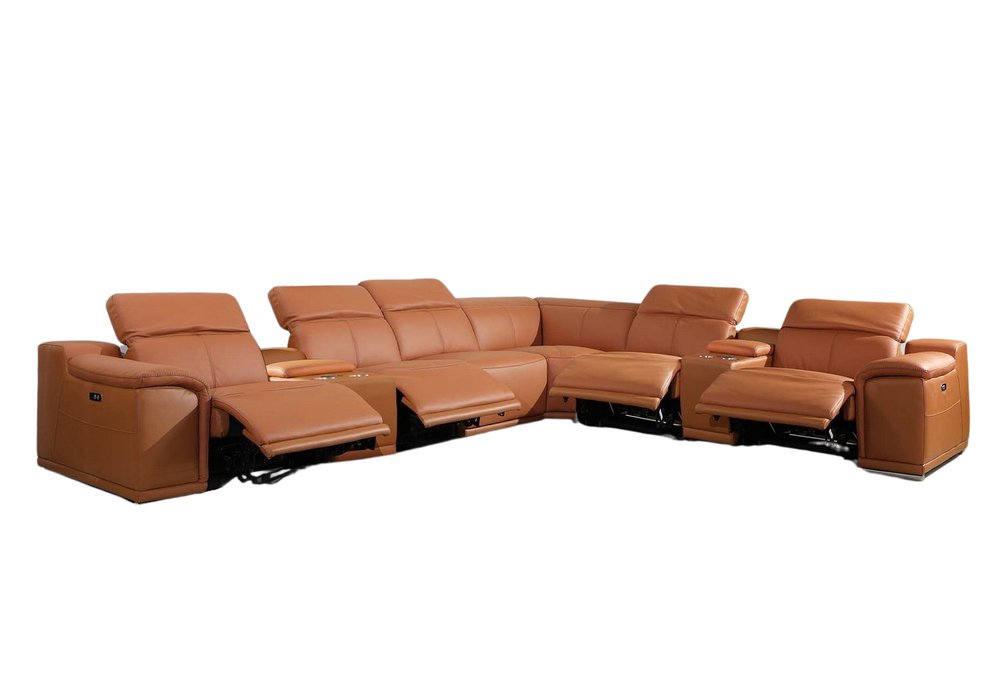 Camel Italian Leather Power Reclining U Shaped Eight Piece Corner Sectional With Console on a white background