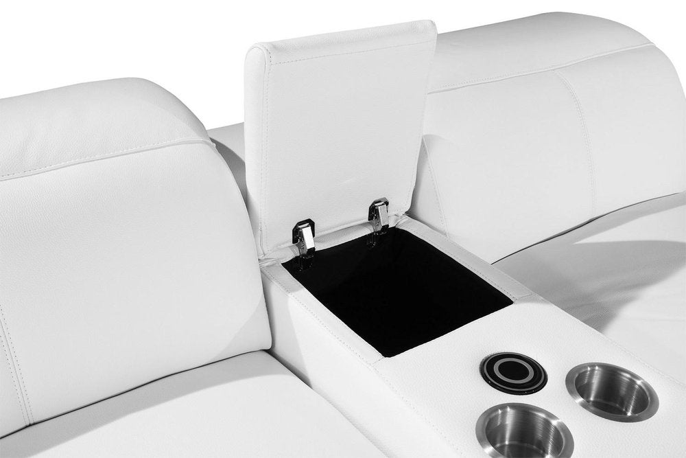 White Italian leather sectional sofa with open console storage, cup holders, and a circular accent.