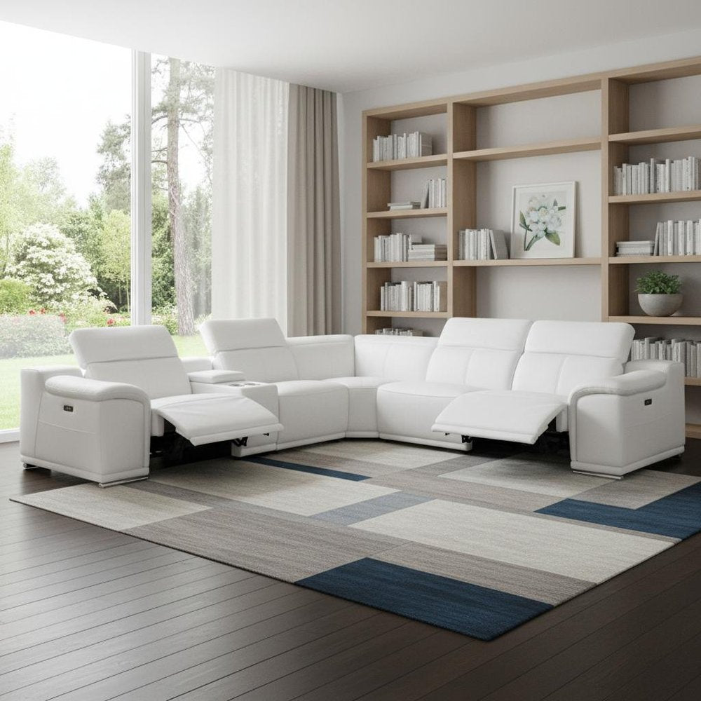 White Italian Leather Power Reclining U Shaped Six Piece Corner Sectional With Console