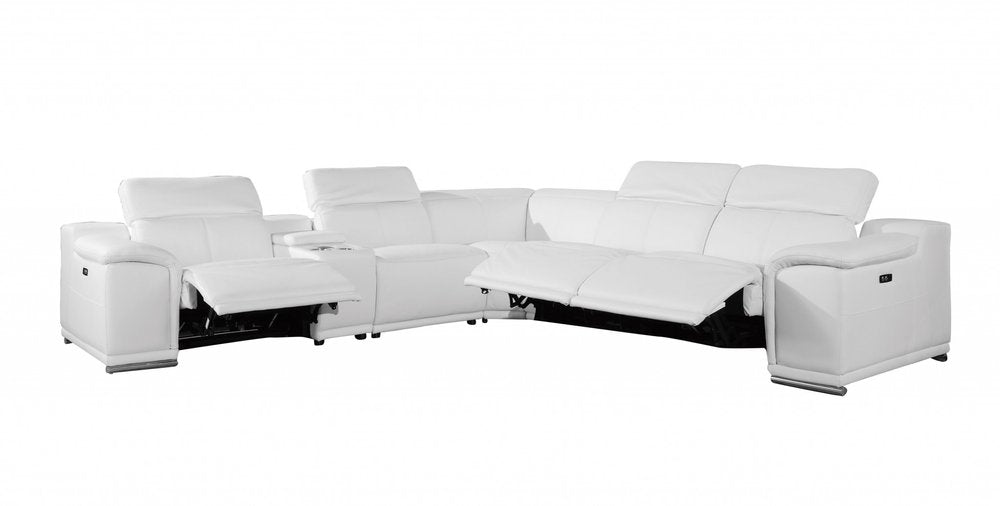 White Italian Leather Power Reclining U Shaped Six Piece Corner Sectional With Console on a white background