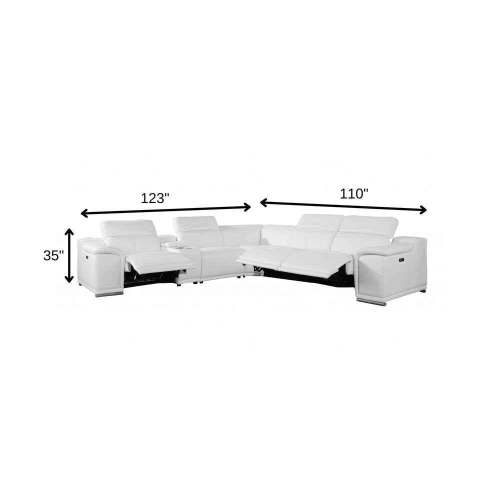 White Italian Leather Power Reclining U Shaped Six Piece Corner Sectional With Console on a white background