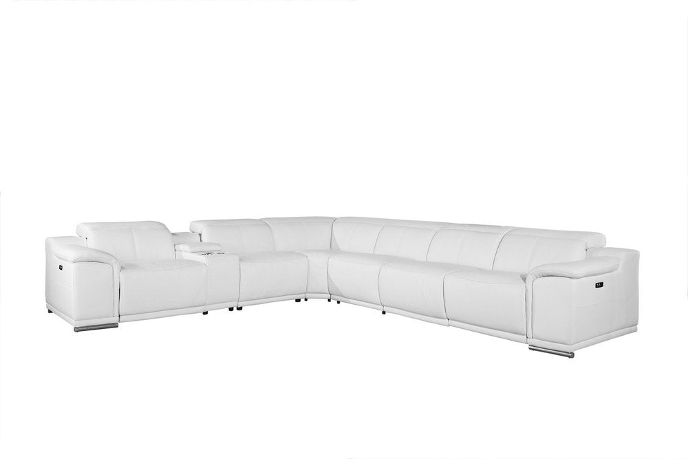 White Italian leather seven-piece U-shaped sectional sofa with power reclining features and a console.