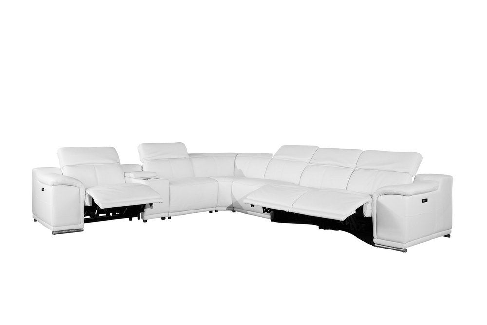 White Italian Leather Power Reclining U Shaped Seven Piece Corner Sectional With Console - 220.2" H x 241" W x 280" D