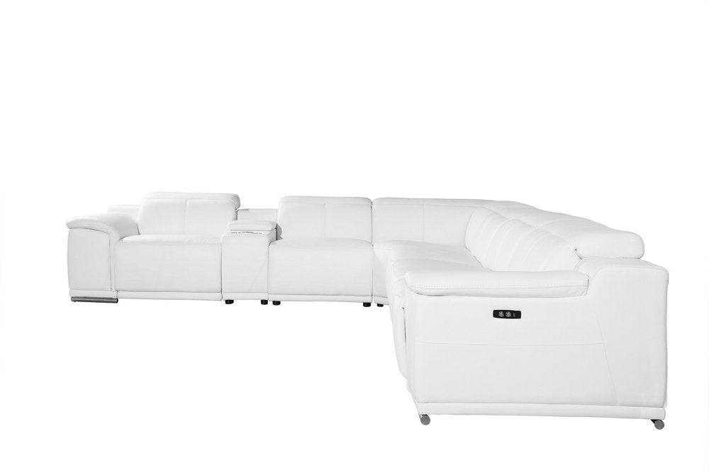 White Italian Leather Power Reclining U Shaped Seven Piece Corner Sectional With Console - 220.2" H x 241" W x 280" D