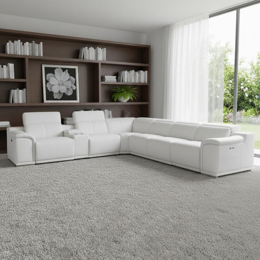White Italian Leather Power Reclining U Shaped Seven Piece Corner Sectional With Console - 220.2" H x 241" W x 280" D in a home interior