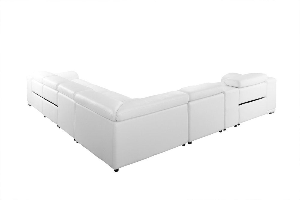 White Italian Leather Power Reclining U Shaped Seven Piece Corner Sectional With Console - 237.4" H x 254" W x 280" D